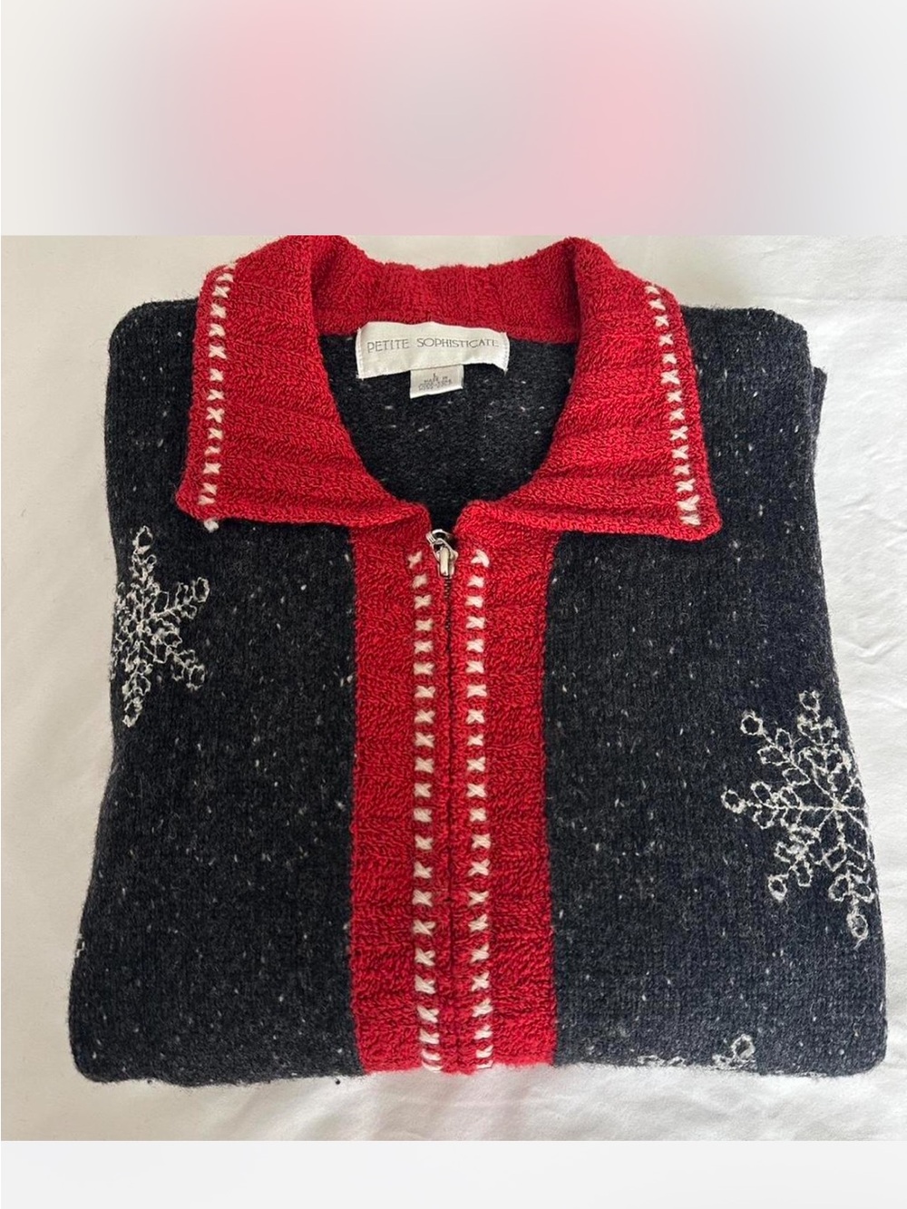 Petite Sophisticate Black Sweater Cardigan with Red Trim and White Snowflakes